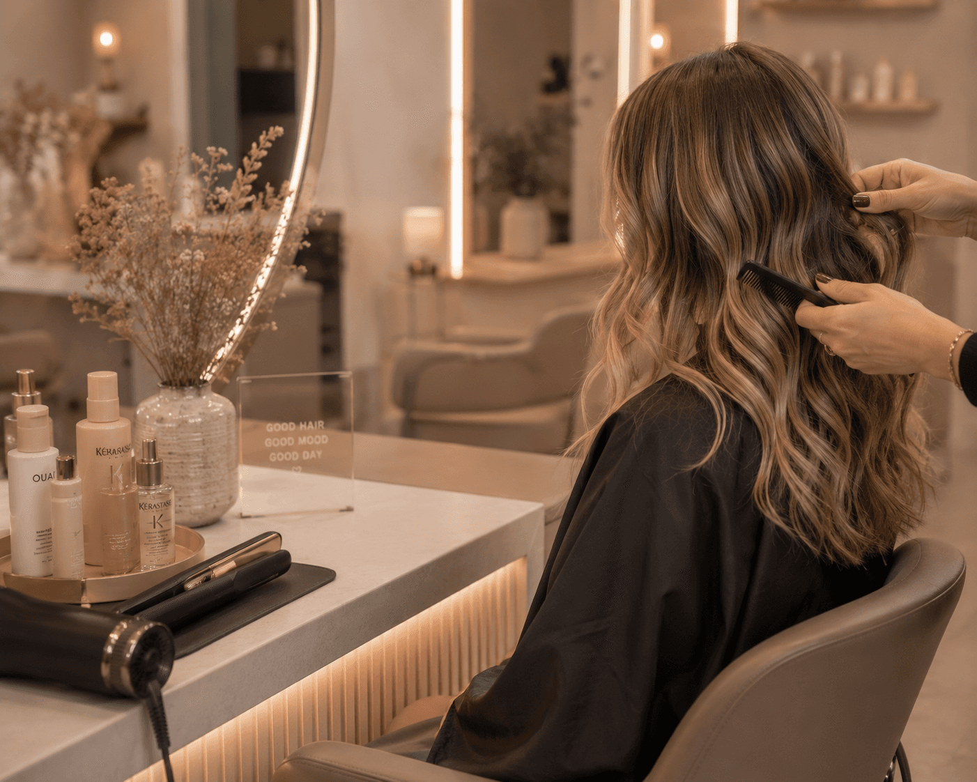 Stylist combing a client’s balayage hair in a salon